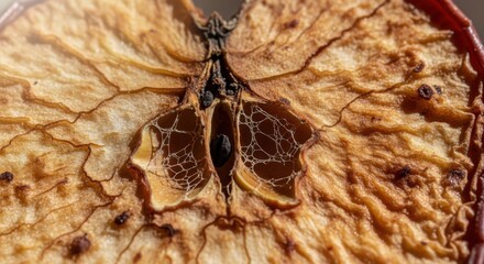 Close up of a dried apple slice showing seeds and intricate patterns of dehydration decay
