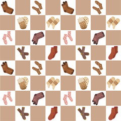 Playful socks seamless pattern in beige and pink shades — soft textile background for cozy projects.