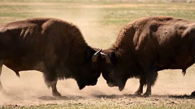 Two bison clash their heads in a competitive display, creating dust in a vast grassy field. Concept of wildlife behavior, animal competition, natural environment