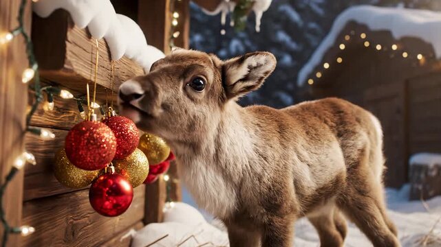 Cute reindeer calf exploring Christmas ornaments in a snowy winter wonderland. Festive wooden cabin decorated with fairy lights. Holiday season footage.