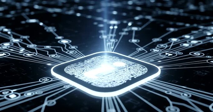 Abstract digital network with glowing information icon and data connections