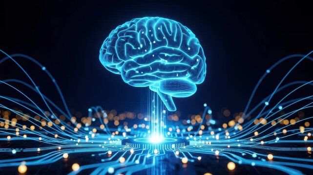 Artificial intelligence concept, brain with circuit board and data flow, neural network and machine learning, future technology and innovation, blue background ai generated vedio