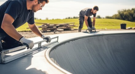 Footage of workers leveling and screeding fresh concrete at the lip of a skatepark bowl to ensure a perfect riding surface.