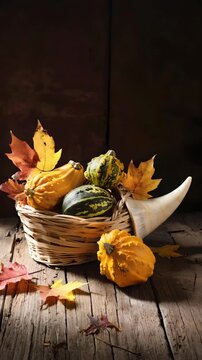 Rustic autumn still life with colorful gourds and maple leaves in wicker basket on wooden table under moving warm sunlight, cozy harvest season background for Thanksgiving and fall decoration themes