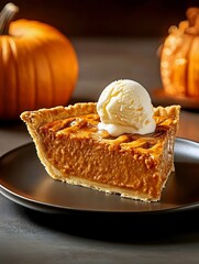 Delicious homemade pumpkin pie with a golden lattice crust topped with a scoop of vanilla ice cream. Cozy autumn dessert with pumpkins in the background, perfect for Thanksgiving and fall food themes.