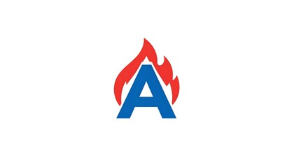 A bold blue letter "A" encased in red flames against a clean white background. Modern, minimalist, conceptual design
