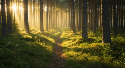 Naklejka premium Sunlit Forest Path with Tall Trees and Golden Rays in Warm Light