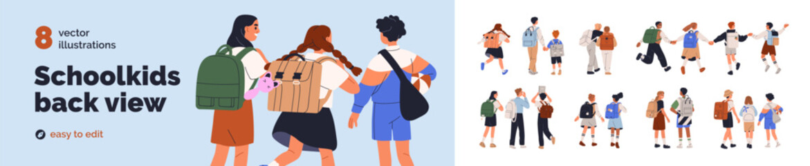 Fototapeta na wymiar Back to school set. Rear view of kids students holding hands, walking together. Children groups, classmates, friends with backpacks from behind. Flat vector illustration isolated on white background.
