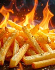 Crispy golden french fries piled high, sizzling in flames