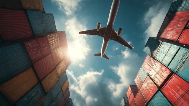 Global Transport: A dynamic perspective of an airplane soaring above colorful freight containers, signifying the efficient movement of goods across continents and global interconnectedness.