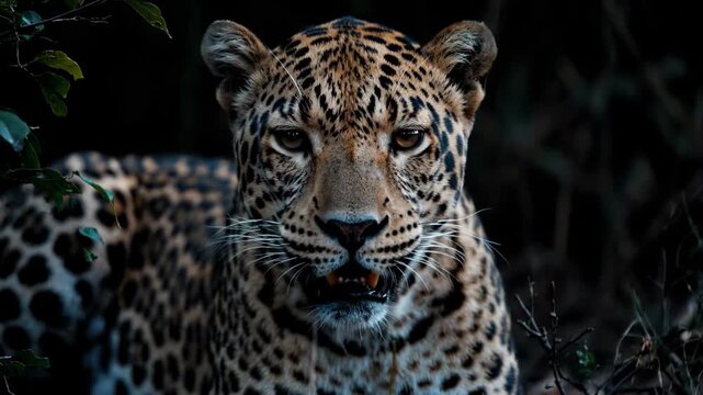 Leopard prowling through dense foliage with intense expression. Close-up shots capture its striking features and natural habitat in a dark jungle