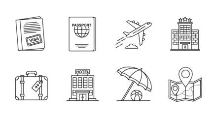 Travel icons set featuring passport, visa, airplane, hotel, luggage, map and beach umbrella design created with generated ai