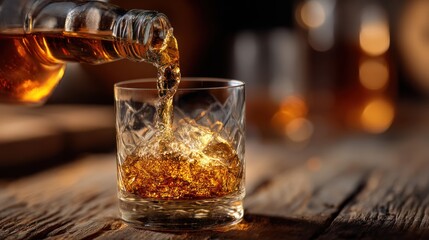 Whiskey pouring from bottle into glass