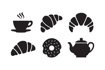 Black silhouette icons of coffee croissants donut and teapot