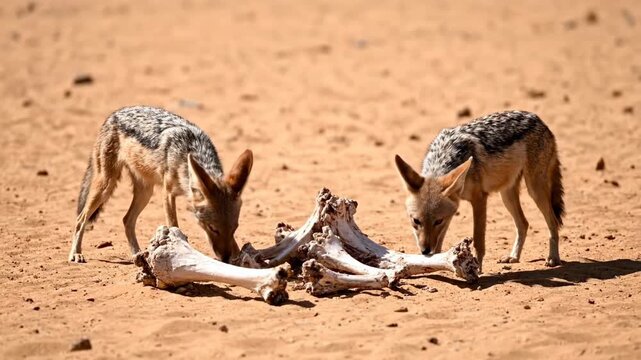 Two jackals investigate bones scattered across sandy ground. Dry desert setting highlights natural behavior of scavenging animals. Concept of wildlife observation, conservation, nature tourism