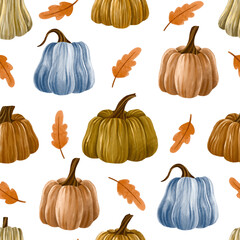 Seamless pattern Vegetable pumpkin and leaves. Hand drawn. Autumn  pumpkin symbol for Halloween or Thanksgiving. Watercolor Endless  White pumpkin illustration on isolated background 