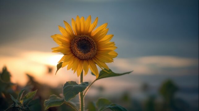 A solitary sunflower stands tall with vibrant yellow petals and a dark center,