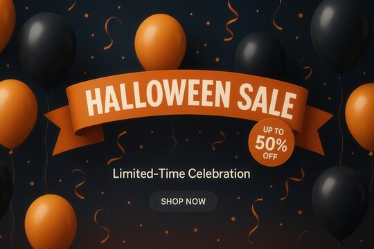 Halloween SALE with up to 50% OFF limited-time celebration banner, festive stylish design, enticing retail discount promo.