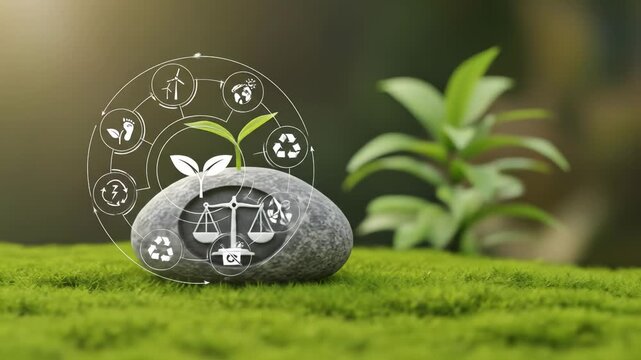 Environmental Justice and Sustainability: Symbol of a Sprout Growing From a Stone with Balance Scales and Eco-Friendly Icons