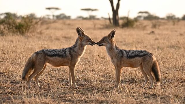 Two black-backed jackals greet each other in golden savannah under soft sunset. Dry grass environment creates tranquil setting. Concept of wildlife, nature observation, animal behavior