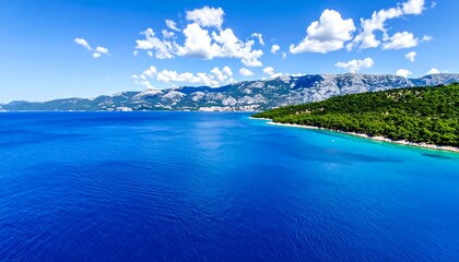 Coastal view of a blue sea, green island, and mountains