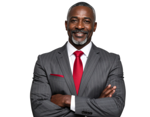 - Confident Mature Businessman in Gray Suit with Red Tie, Arms Crossed, isolated on transparent background