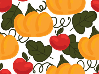 Autumn garden. Pumpkin and apple. Seamless vector pattern for design and decoration. 