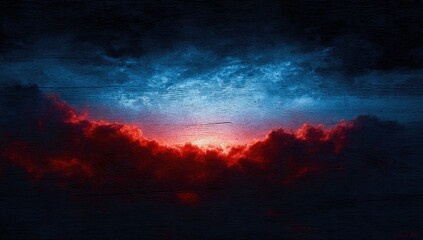 Fototapeta premium A dramatic, stylized depiction of a fiery red and cool blue sunset or sunrise breaking through dark, textured clouds, possibly digitally painted or manipulated