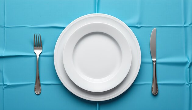A neatly arranged table setting with plates, silverware, and a napkin on a blue tablecloth. The table is set for two, ready for a meal.