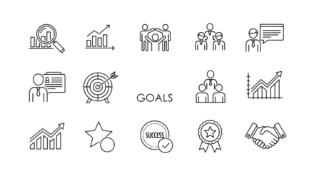 Line art icons representing business goals teamwork and success on a black background created with generated ai