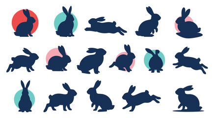 Obraz premium A collection of dynamic rabbit silhouettes showcasing various poses and actions in silhouette style with colorful circular backgrounds.