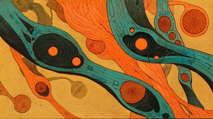 vibrant, abstract illustration of the letters A and I as organic, growing structures, resembling intertwined vines with glowing nodes. They emerge from a soft, earthy background, symbolizing 