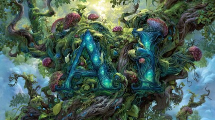vibrant, abstract illustration of the letters A and I as organic, growing structures, resembling intertwined vines with glowing nodes. They emerge from a soft, earthy background, symbolizing 