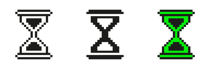 Pixel Art Hourglass Icon Set. Time Management And Countdown Symbol Collection. Retro Style Sand Timer Illustrations. Isolated Vector Illustration