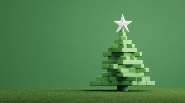 A stylized Christmas tree made of green block cards stands on a grassy surface with a white star on top,