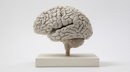 A realistic model of a human brain mounted on a cylindrical stand placed on a rectangular flat base with natural tissue 