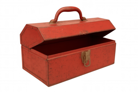 Red vintage metal toolbox, rusted surface, old empty tool chest, open lid, transparent background