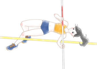 棒高跳びをする女子の水彩風イラスト