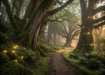 Fototapeta premium Photo of enchanted forest path with ancient mosscovered trees and glowing fairy lights at twilight