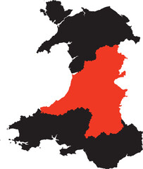 Fototapeta premium Mid Wales Region Highlighted on Silhouette Map of Wales
