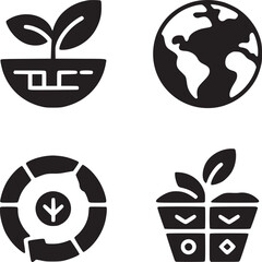 Four black and white icons depicting plant growth, earth, recycling and sustainable gardening theme
