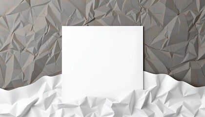 A white card protruding from a collection of crumpled paper textures that resemble origami or torn fabric, creating an impression of depth and volume.