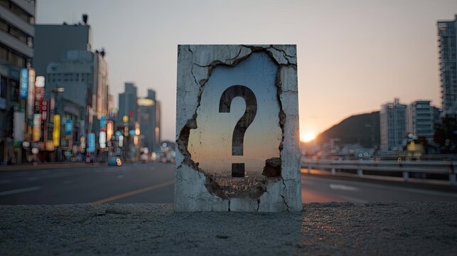 Missing poster template on city street wall concept. A mysterious question mark sign on an urban street.