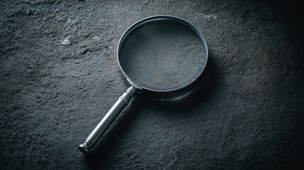 A sleek magnifying glass rests on a dark textured surface,