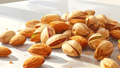Illustration of scattered almonds on a kitchen table under warm sunlight, realistic digital artwork with detailed textures and soft shadows, depicting organic food and natural lifestyle concept.