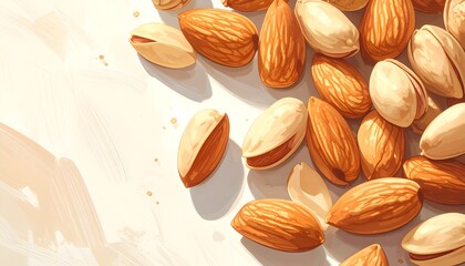 Illustration of scattered almonds on a kitchen table under warm sunlight, realistic digital artwork with detailed textures and soft shadows, depicting organic food and natural lifestyle concept.