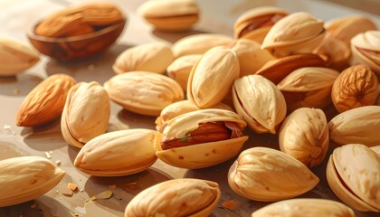 Illustration of scattered almonds on a kitchen table under warm sunlight, realistic digital artwork with detailed textures and soft shadows, depicting organic food and natural lifestyle concept.