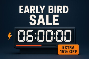 Early bird sale with EXTRA 15% OFF offer, modern digital clock style, urgent retail promotion countdown.