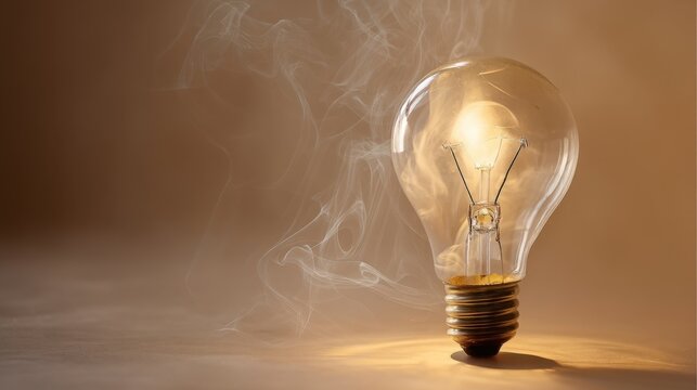 An incandescent light bulb with a glowing filament emits a soft warm glow while delicate white smoke rises from its fros