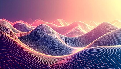 Abstract digital landscape with undulating, glowing lines.  Soft, vibrant colors (pink, purple, orange) blend into a sunset-like background.  Interconnected lines create a sense of depth and movement